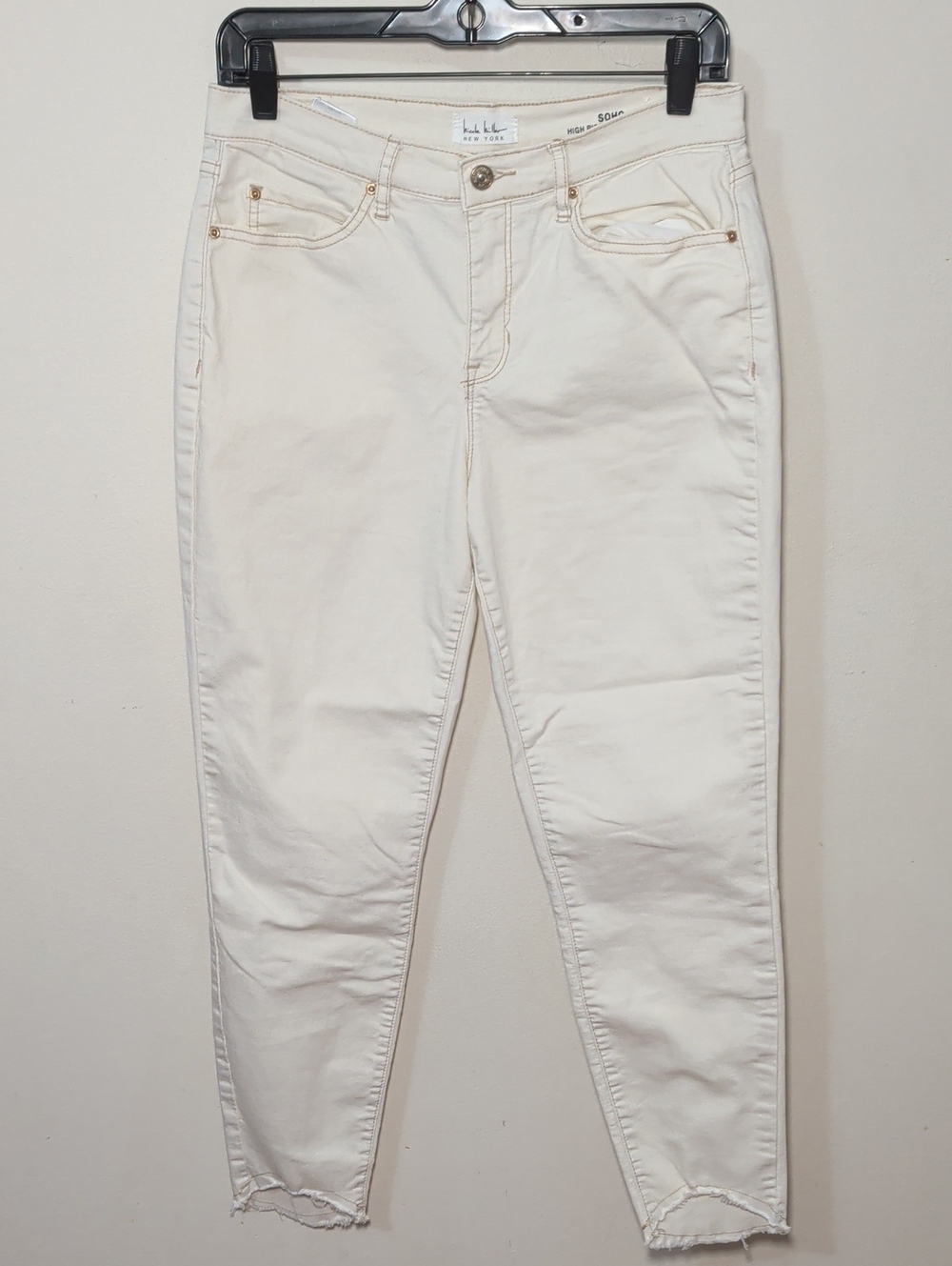Nicole Miller Soho High Rise Ankle Skinny Jeans Cream Raw Hem Stretch Size 6
